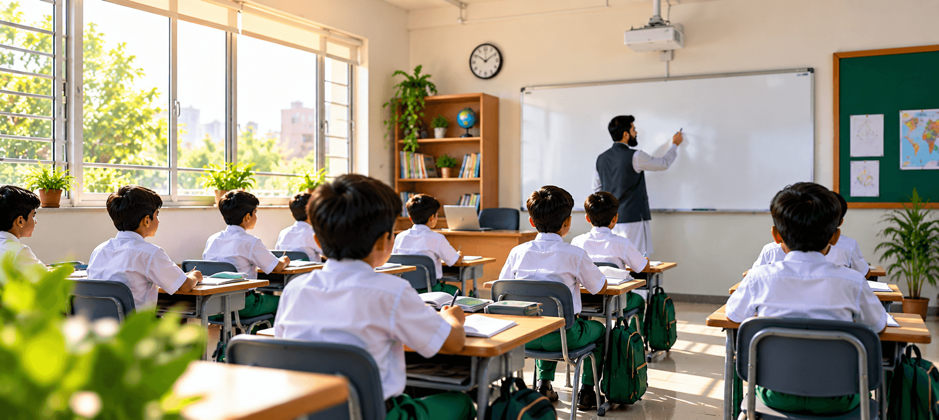 Students seated at desks while a teacher writes on a classroom whiteboard